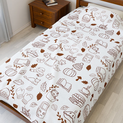Cozy Illustrated Velveteen Plush Blanket, Fall Decor, Gift for Book Lovers, Soft Throw for Home, Autumn Blanket, Snug Warm Decor