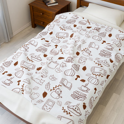 Cozy Illustrated Velveteen Plush Blanket, Fall Decor, Gift for Book Lovers, Soft Throw for Home, Autumn Blanket, Snug Warm Decor